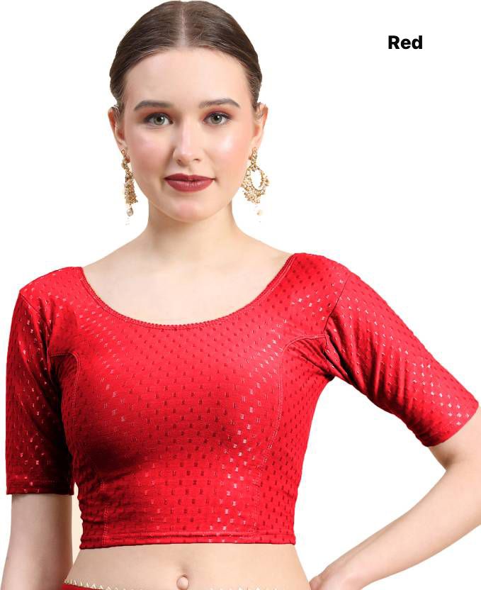 Red Dobby Cotton Lycra Elegant Round Neck Design Stretchable Blouse 