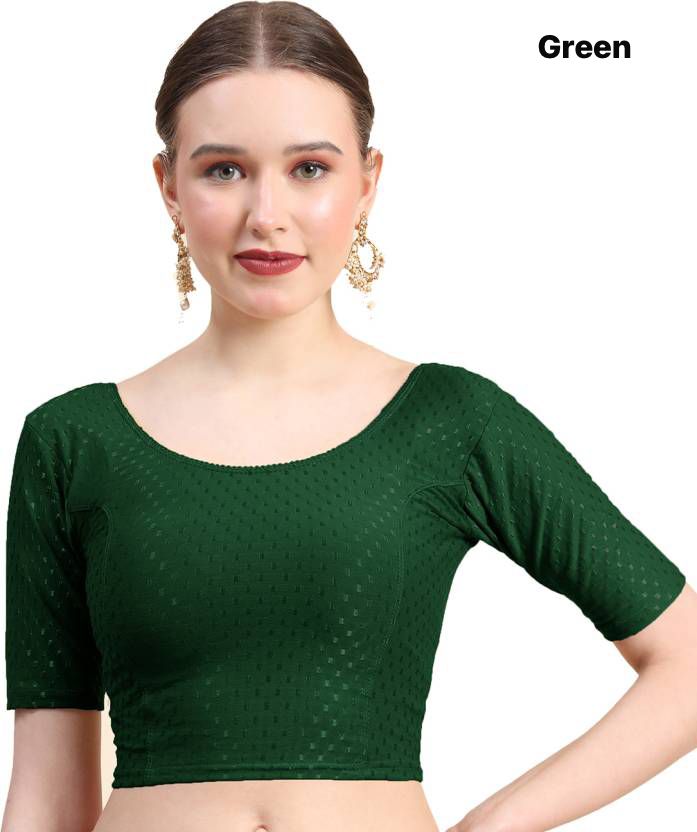 Green Dobby Cotton Lycra Elegant Round Neck Design Stretchable Blouse 