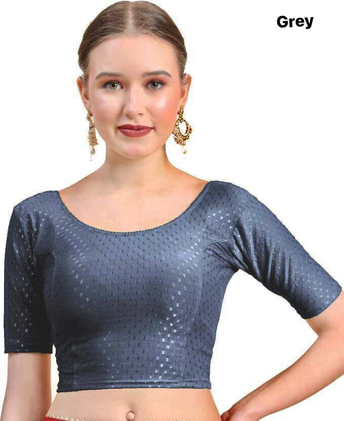 Gery Dobby Cotton Lycra Elegant Round Neck Design Stretchable Blouse 
