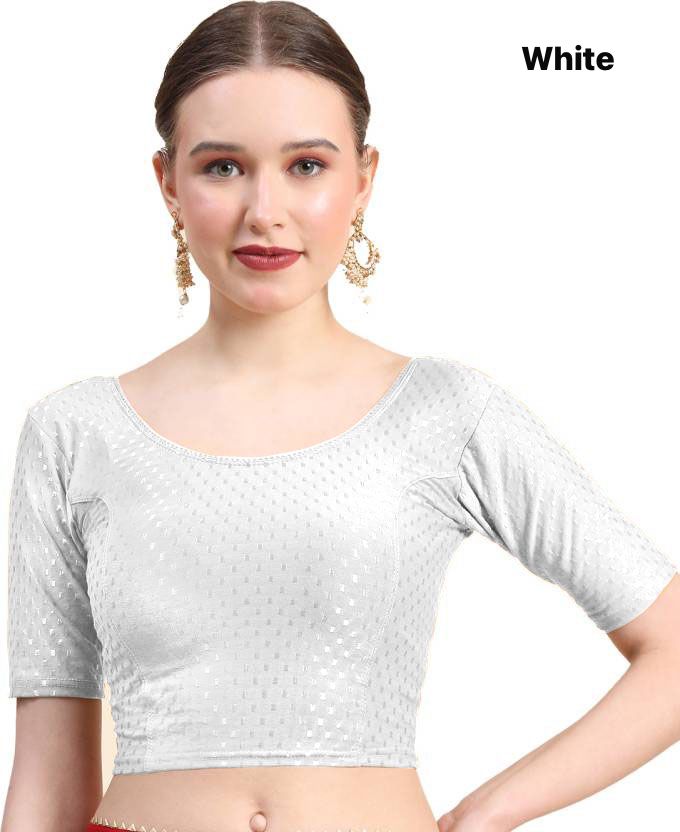 White Dobby Cotton Lycra Elegant Round Neck Design Stretchable Blouse 