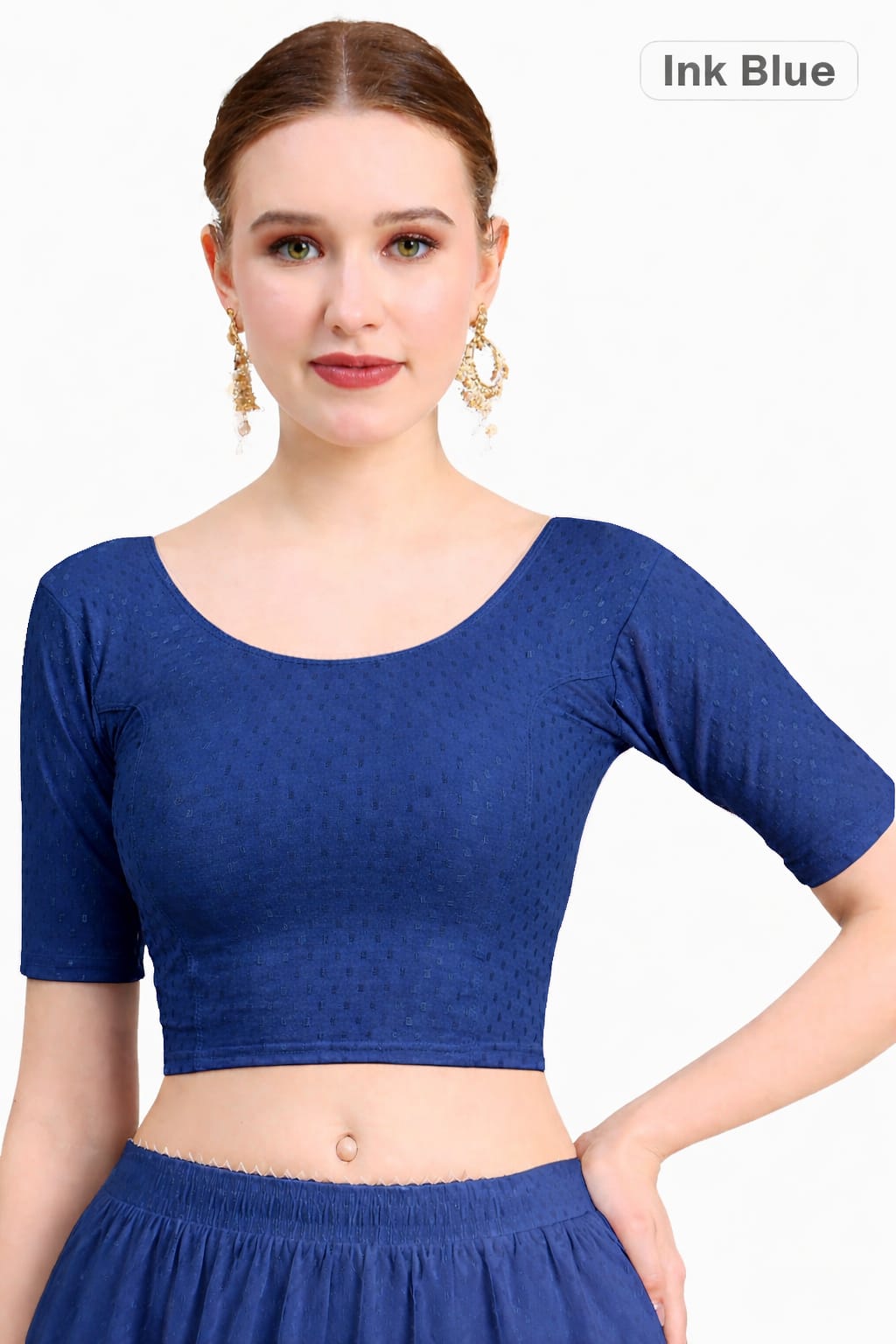 Blue Dobby Cotton Lycra Elegant Round Neck Design Stretchable Blouse