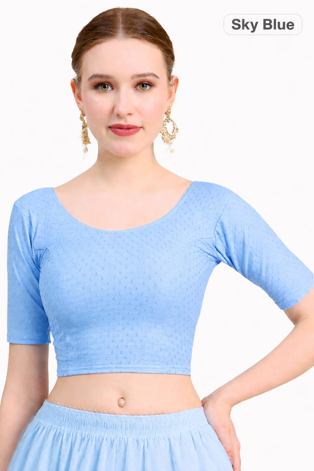 Sky Blue Dobby Cotton Lycra Elegant Round Neck Design Stretchable Blouse 