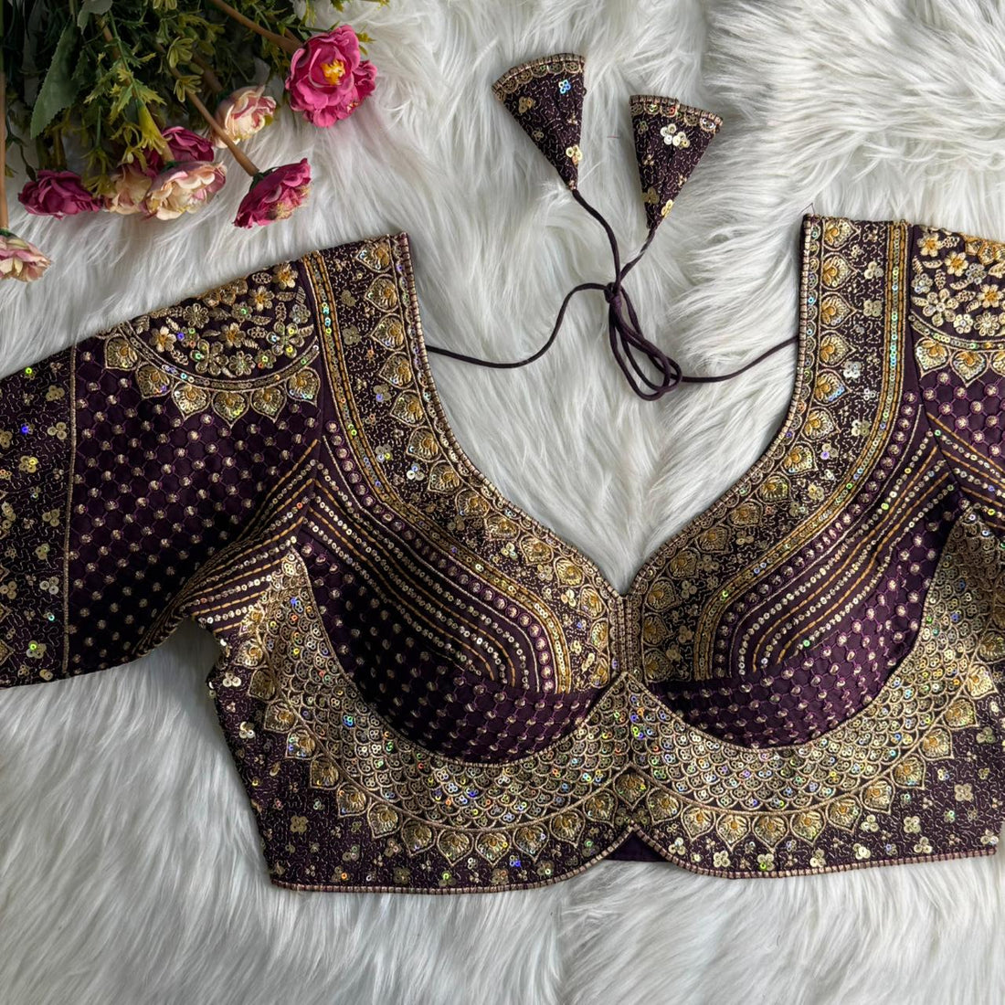 Wine Pure Soft Roman Silk Gold Jari and Sequence Work Blouse 