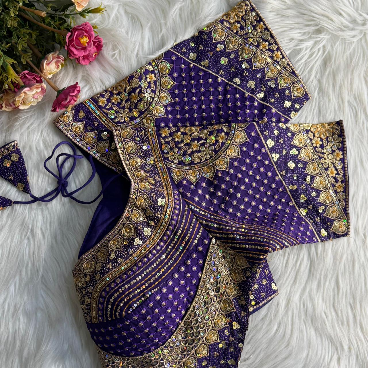 Blue Pure Soft Roman Silk Gold Jari and Sequence Work Blouse 