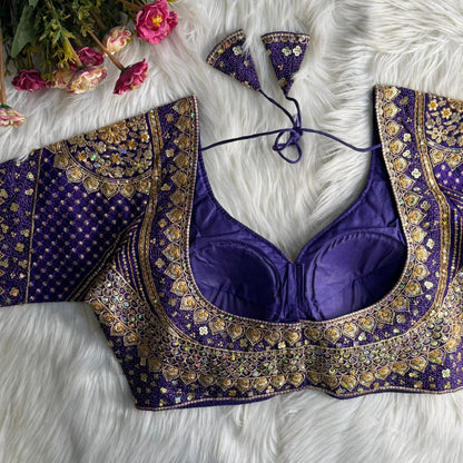 Blue Pure Soft Roman Silk Gold Jari and Sequence Work Blouse 