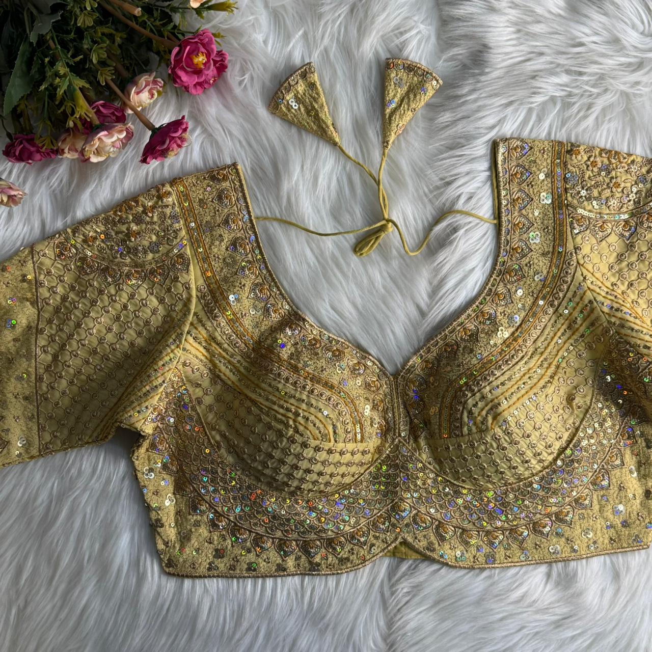 Gold Pure Soft Roman Silk Gold Jari and Sequence Work Blouse 