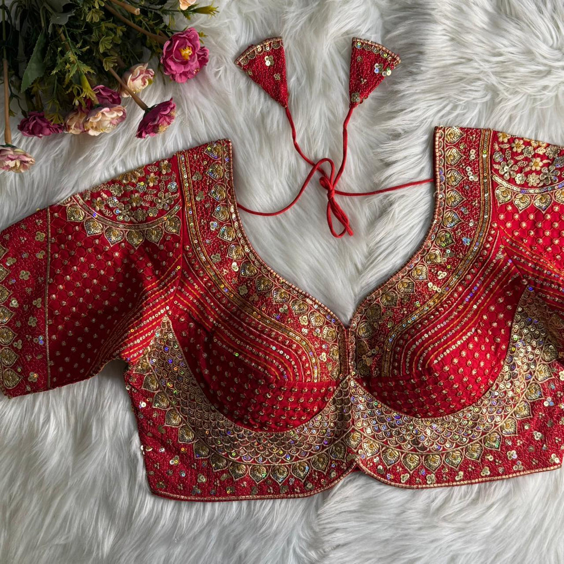 Red Pure Soft Roman Silk Gold Jari and Sequence Work Blouse 