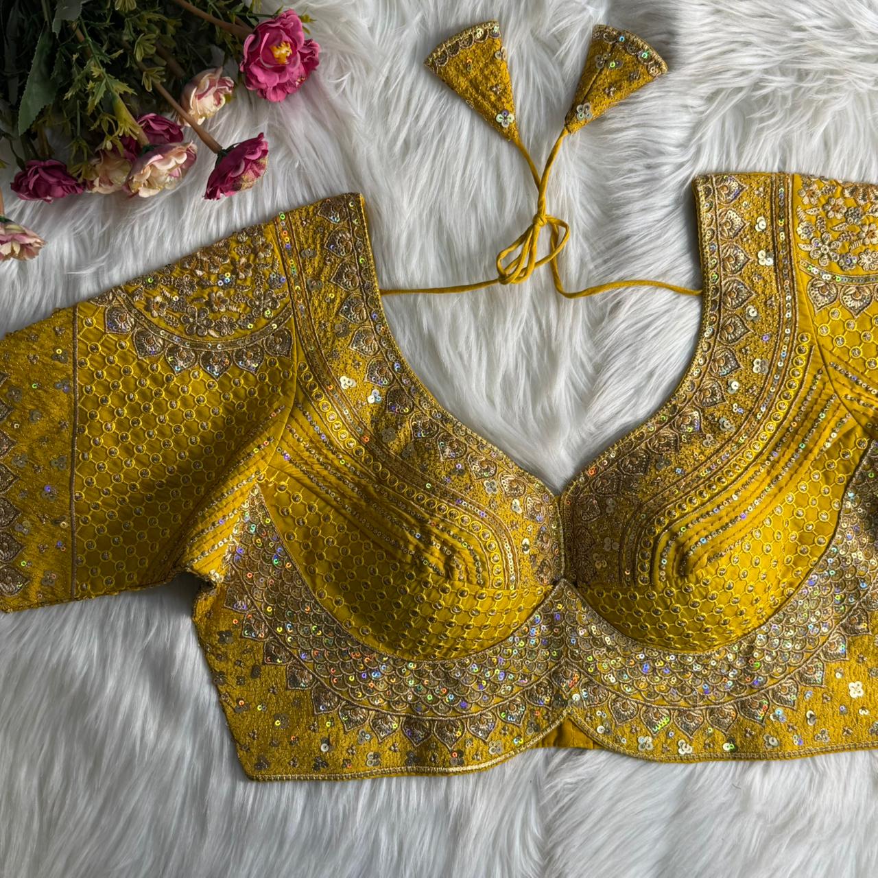 Yellow Pure Soft Roman Silk Gold Jari and Sequence Work Blouse 