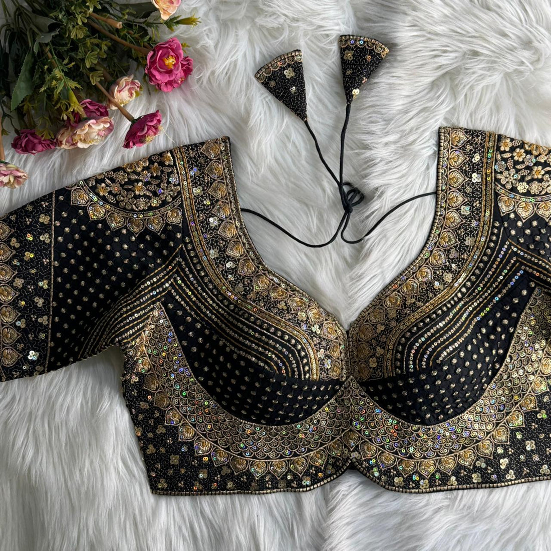 Black Pure Soft Roman Silk Gold Jari and Sequence Work Blouse 