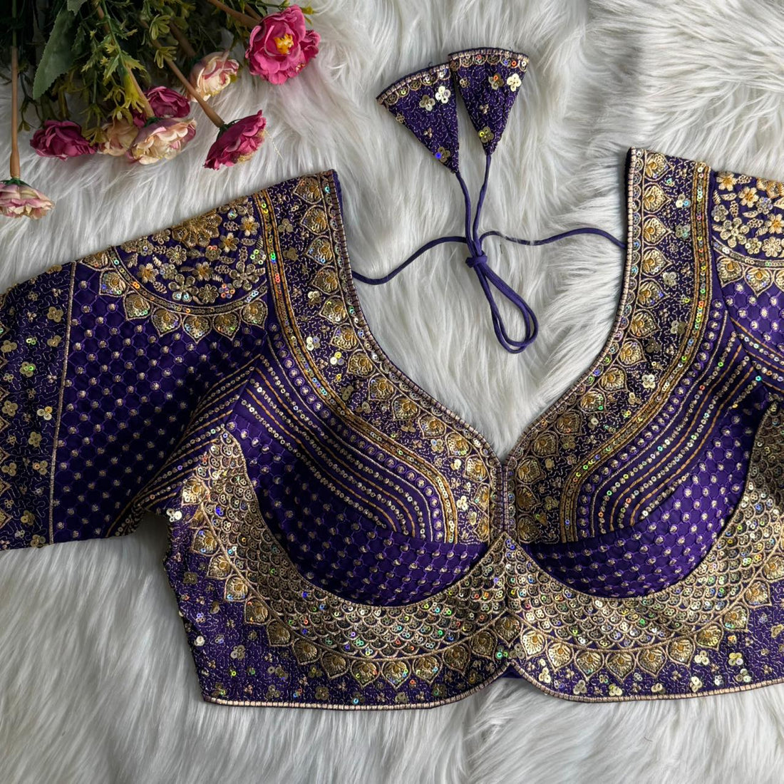 Blue Pure Soft Roman Silk Gold Jari and Sequence Work Blouse 