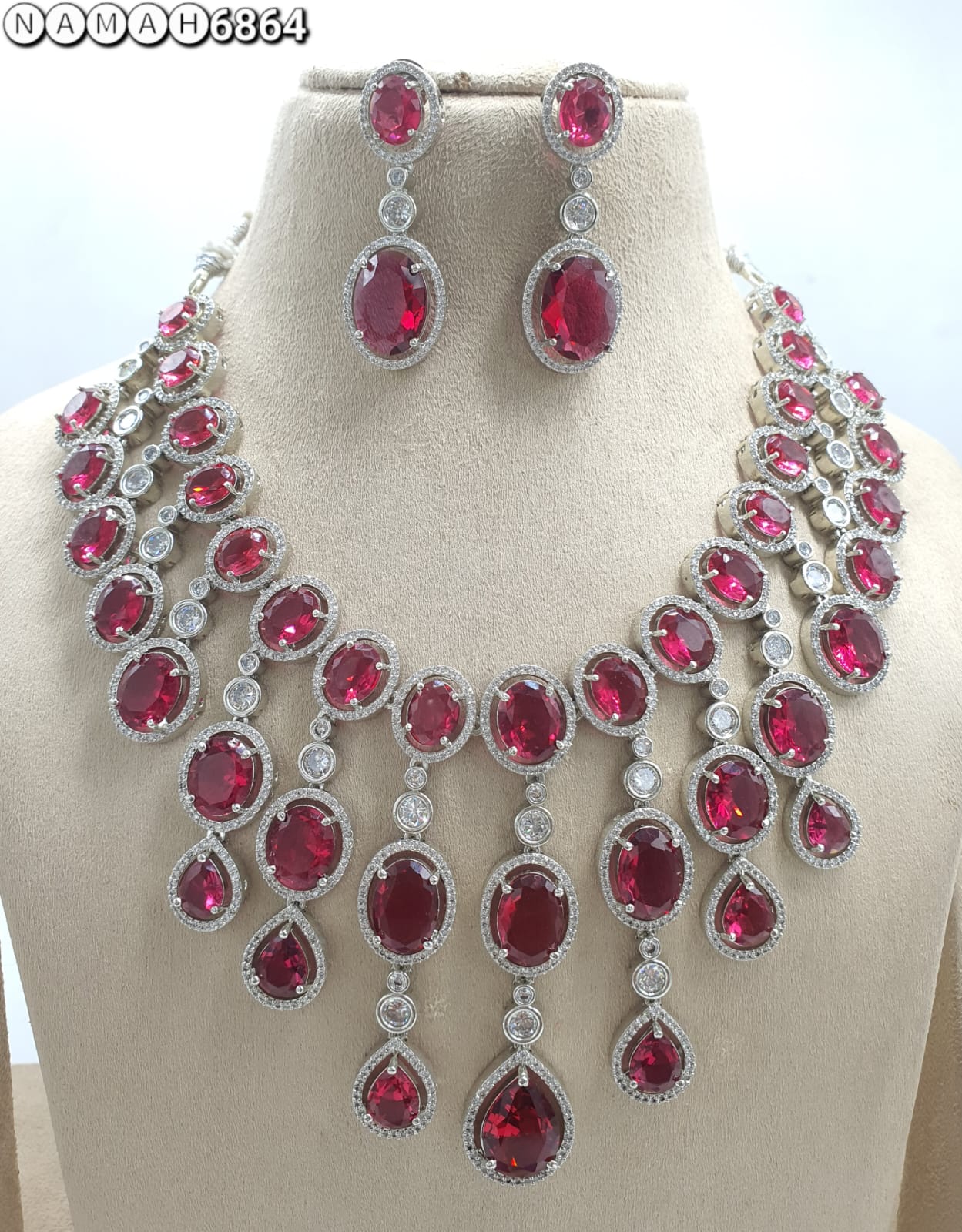 Red American Diamond Necklace Set