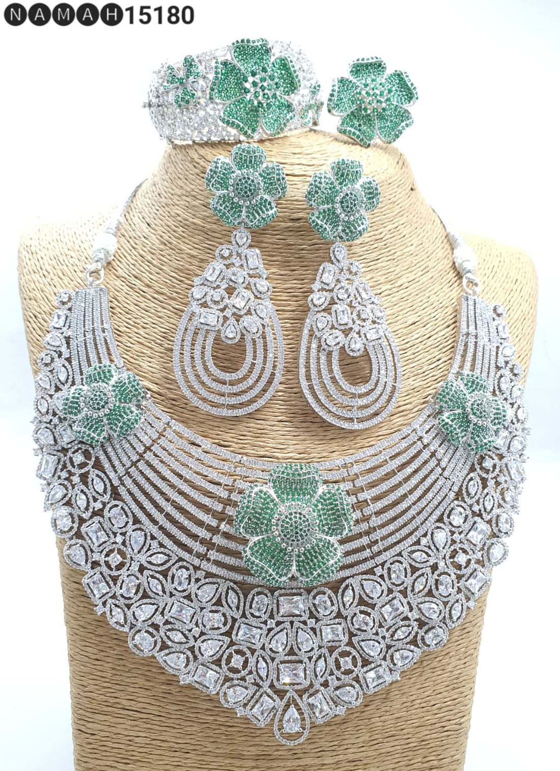 Green American Diamond Necklace Set