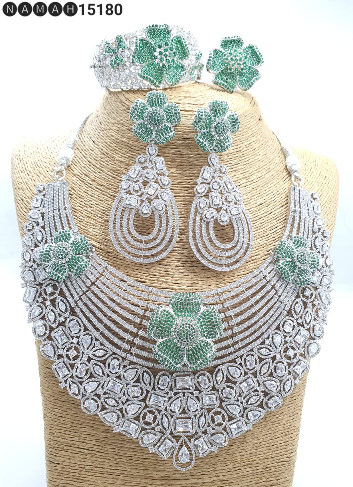 Green American Diamond Necklace Set