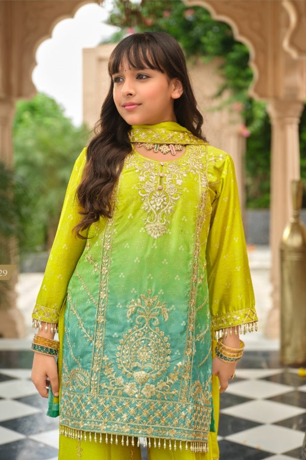 Green Pure Chinon Digital Print With Embroidery Work Girls Kids Chudidar