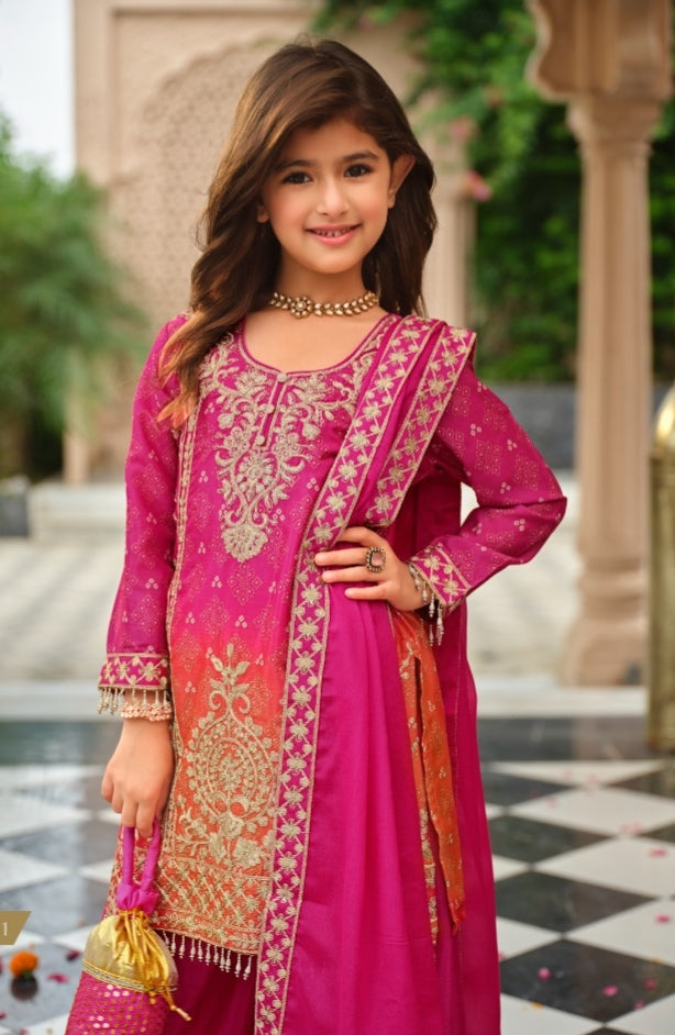 Rani Pure Chinon Digital Print With Embroidery Work Girls Kids Chudidar 