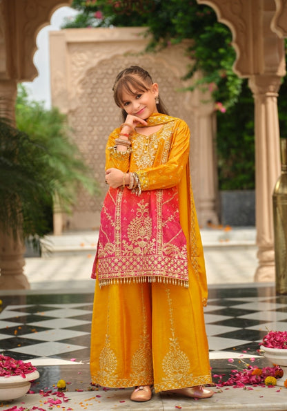 Yellow Pure Chinon Digital Print With Embroidery Work Girls Kids Chudidar 