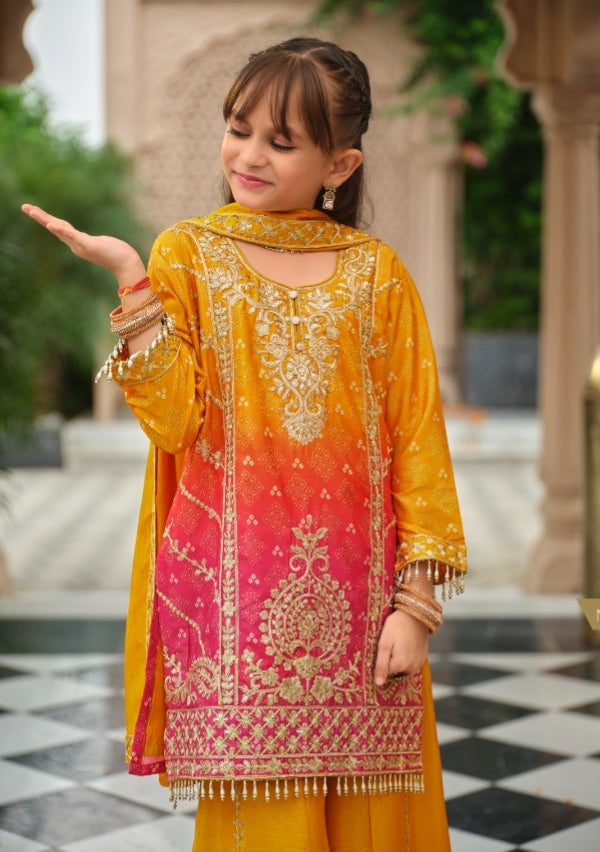 Yellow Pure Chinon Digital Print With Embroidery Work Girls Kids Chudidar 