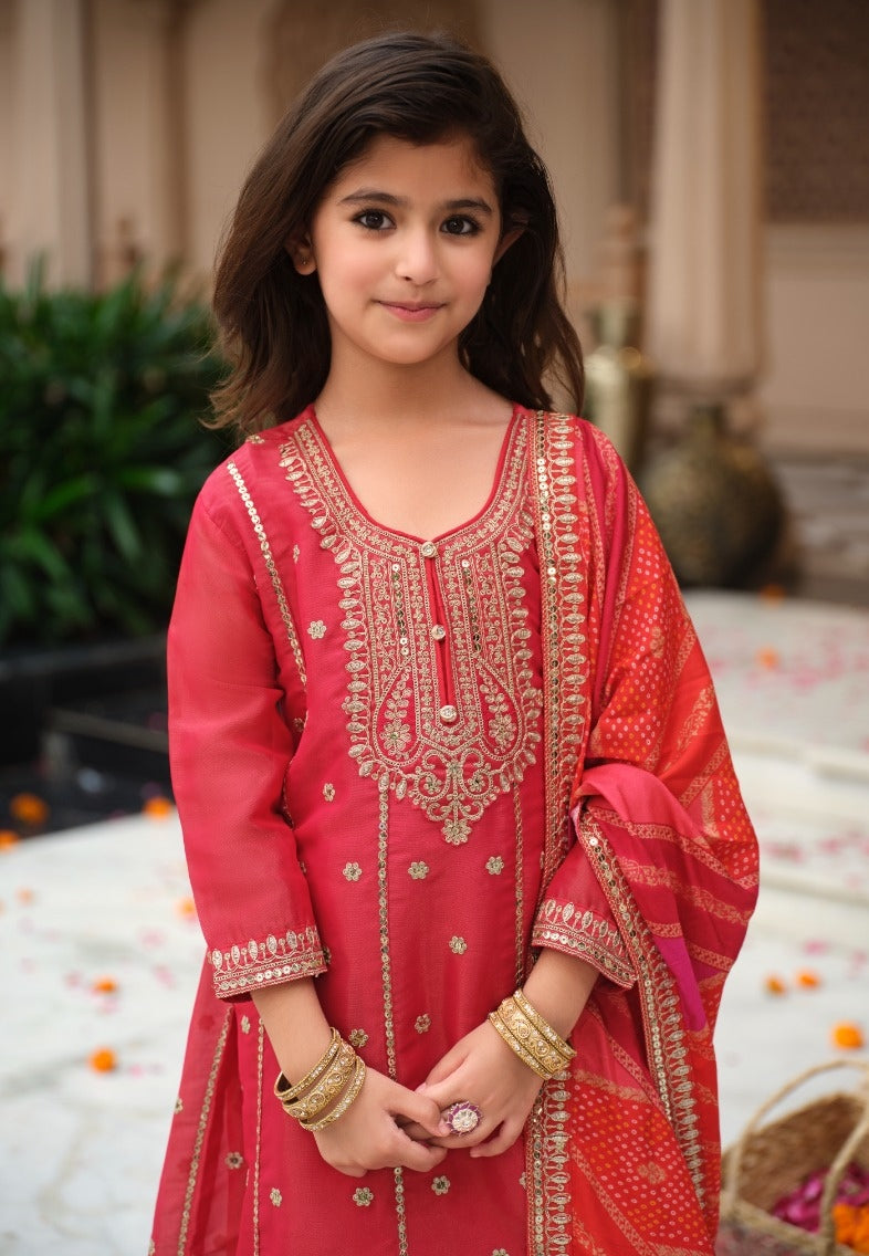 Red Pure Simer With Embroidery Work Girls Kids Chudidar 