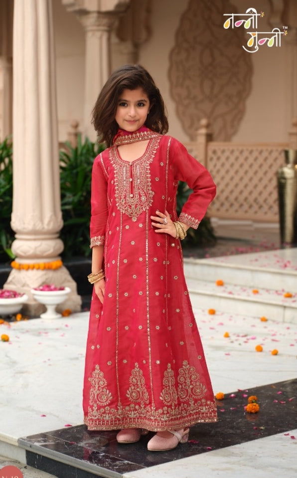 Red Pure Simer With Embroidery Work Girls Kids Chudidar 