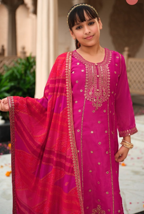 Pink Pure Simer With Embroidery Work Girls Kids Chudidar 