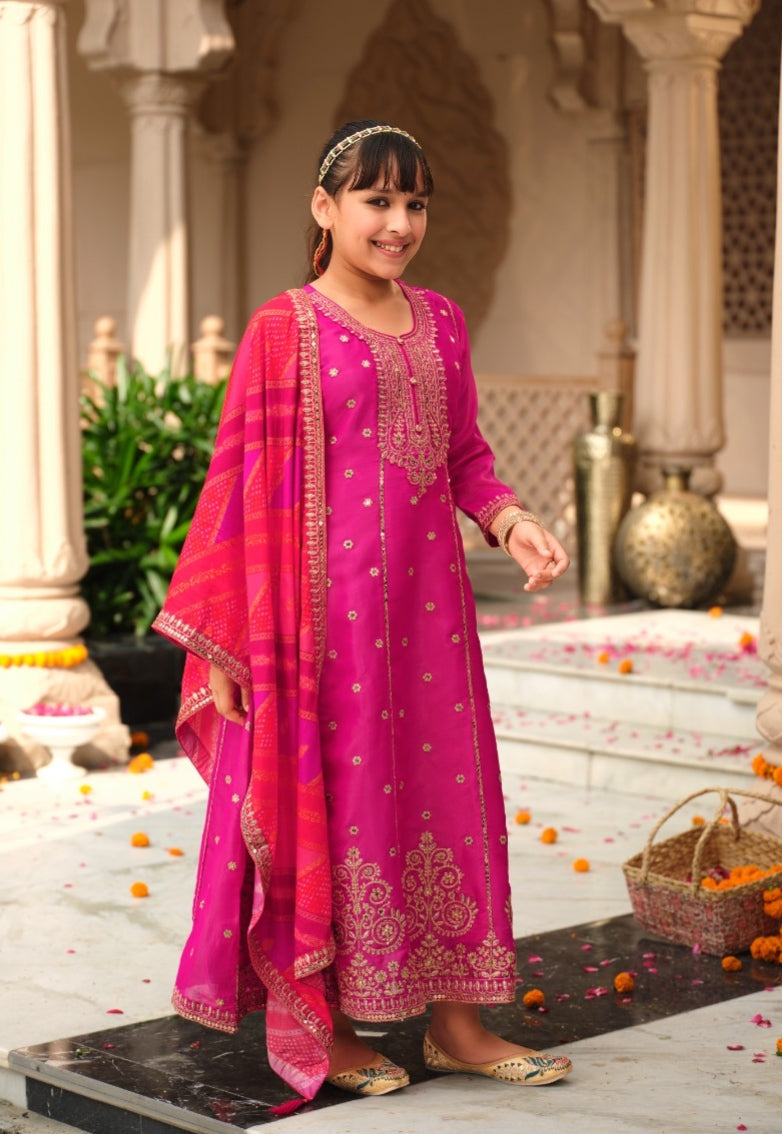 Pink Pure Simer With Embroidery Work Girls Kids Chudidar 