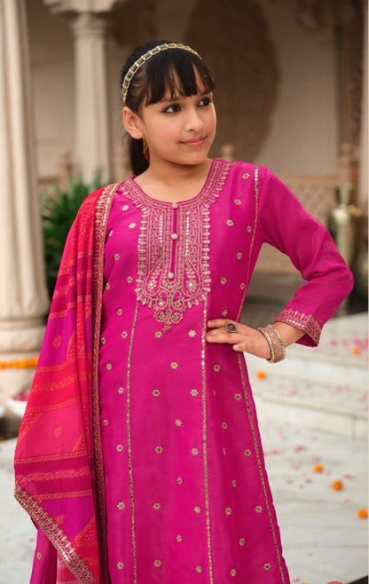 Pink Pure Simer With Embroidery Work Girls Kids Chudidar 