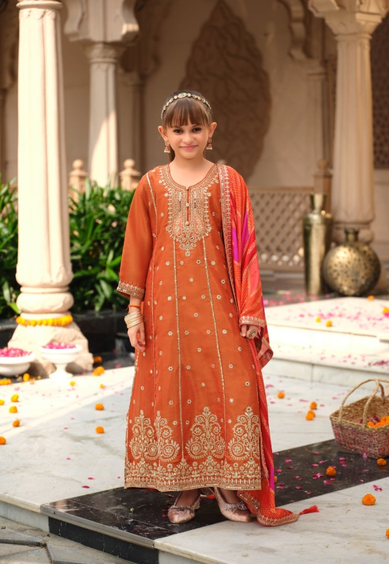 Orange Pure Simer With Embroidery Work Girls Kids Chudidar 
