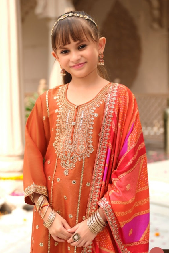 Orange Pure Simer With Embroidery Work Girls Kids Chudidar 