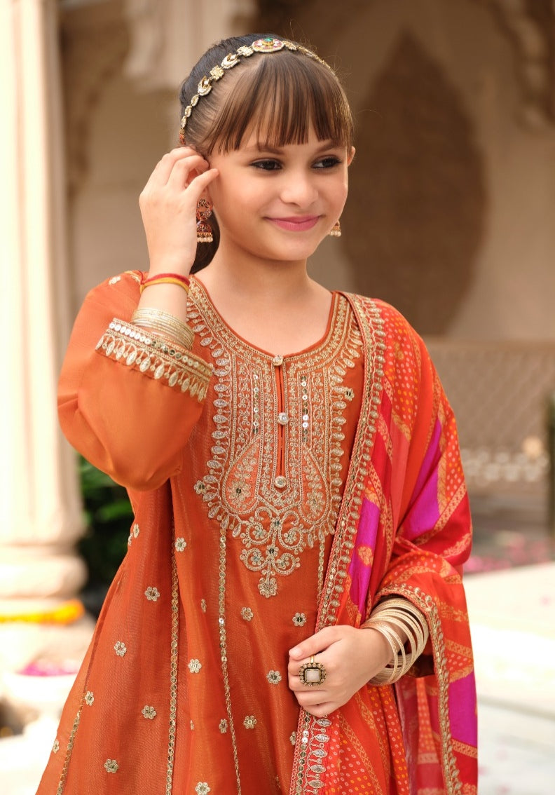 Orange Pure Simer With Embroidery Work Girls Kids Chudidar 