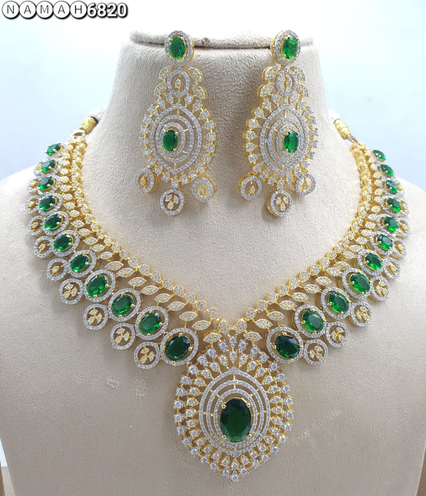 Green American Diamond Necklace Set 