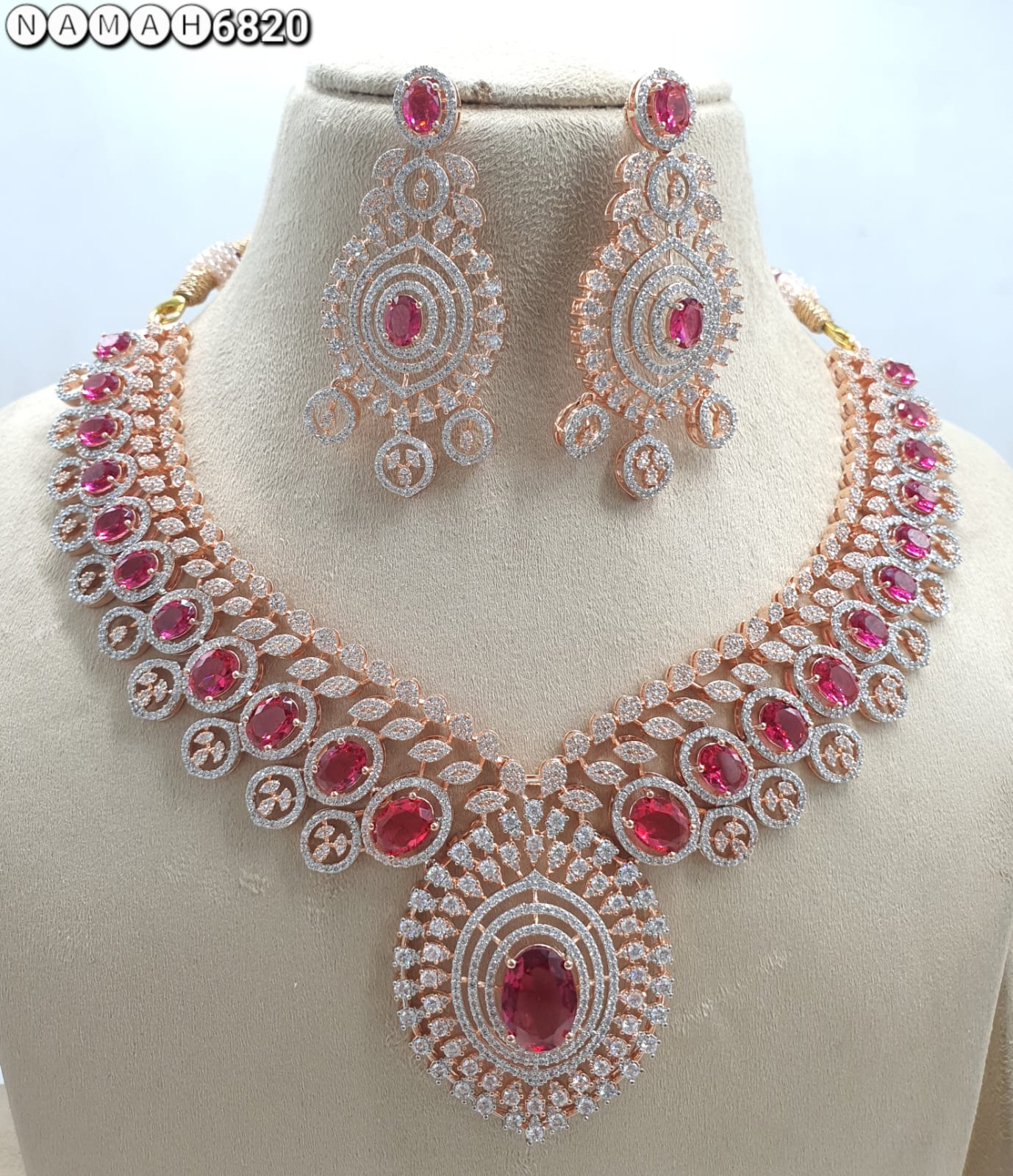 Red American Diamond Necklace Set 