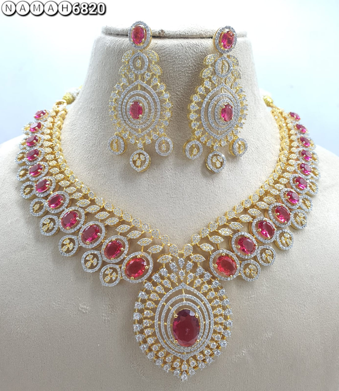 Red Green American Diamond Necklace Set 