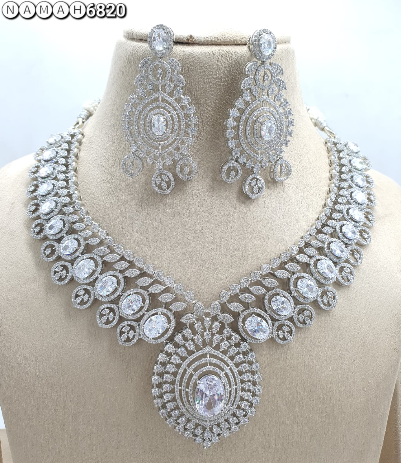 White Green American Diamond Necklace Set 