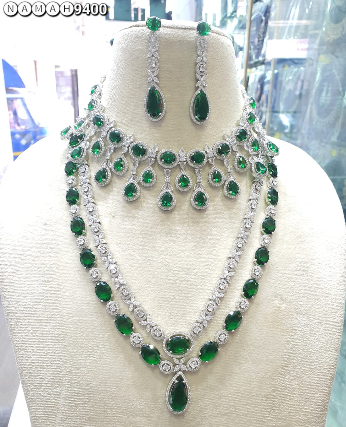Green American Diamond Necklace Set 