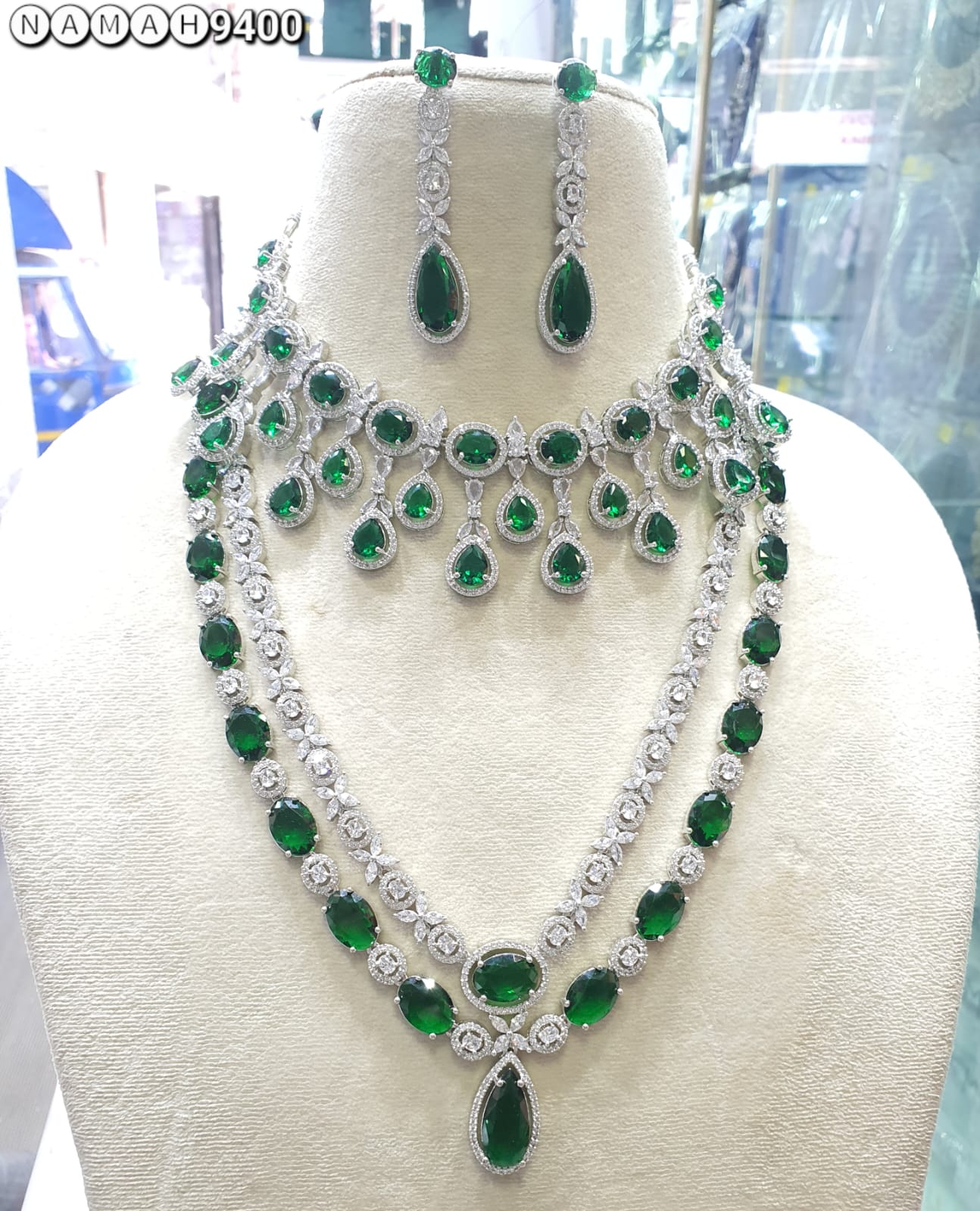 Green American Diamond Necklace Set 