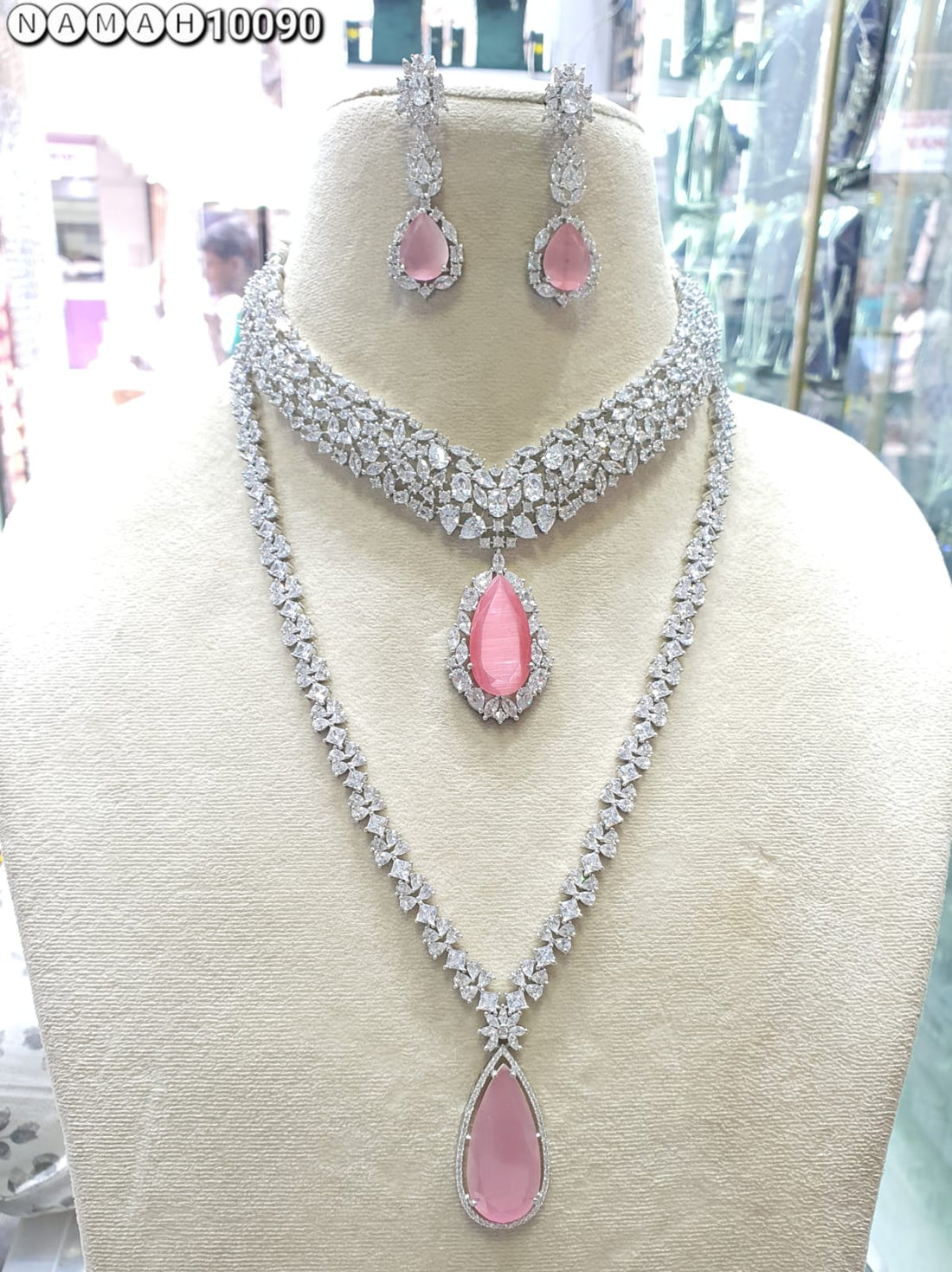 Pink American Diamond Necklace Set 