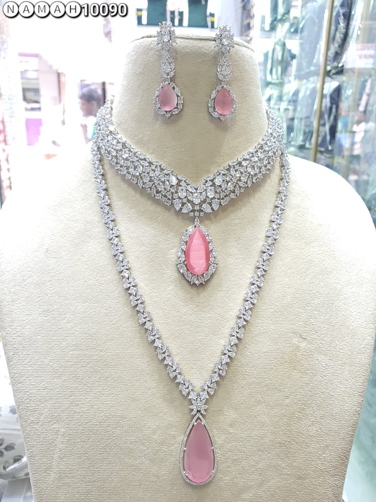 Pink American Diamond Necklace Set 
