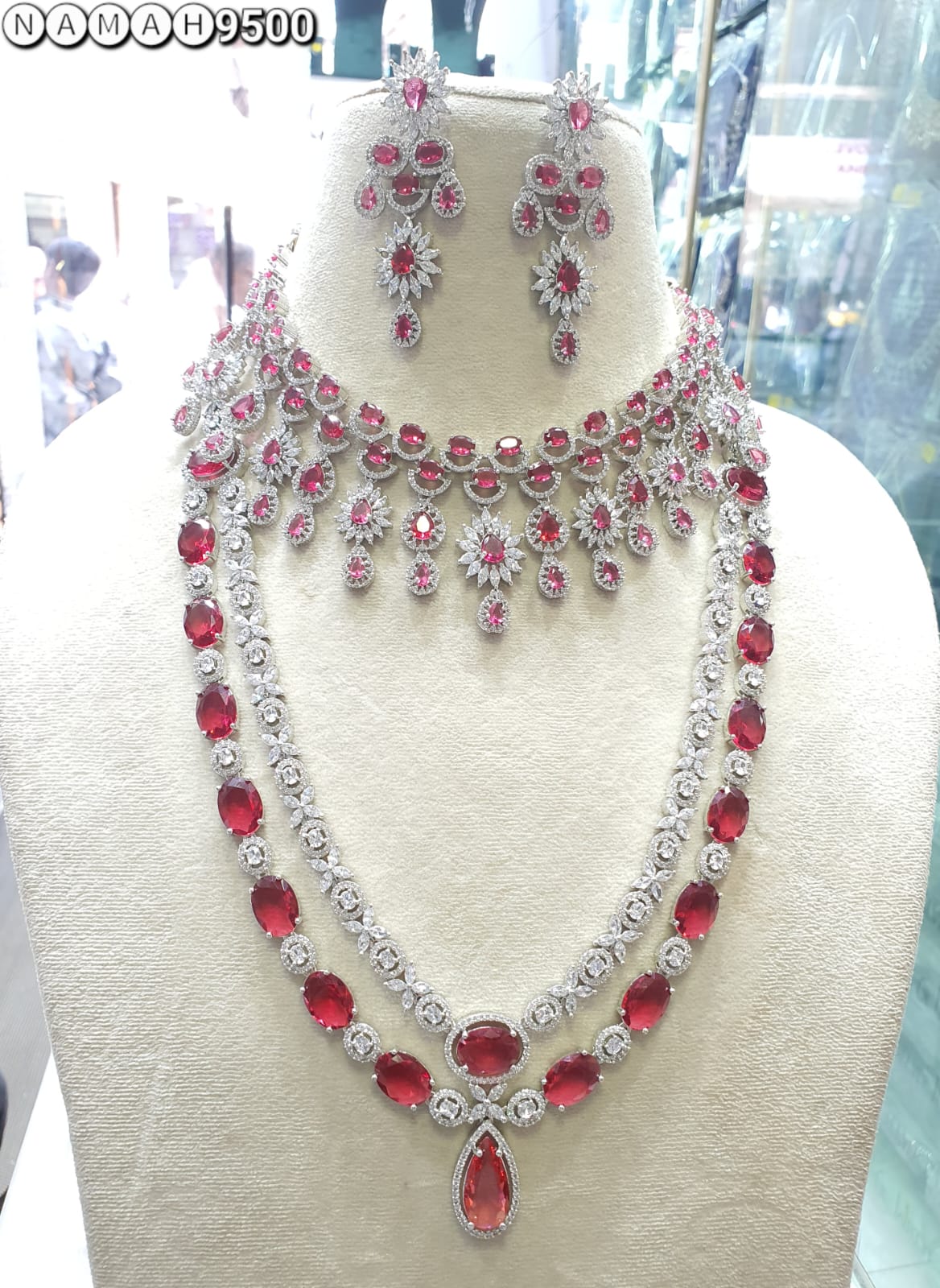 Red American Diamond Necklace Set 
