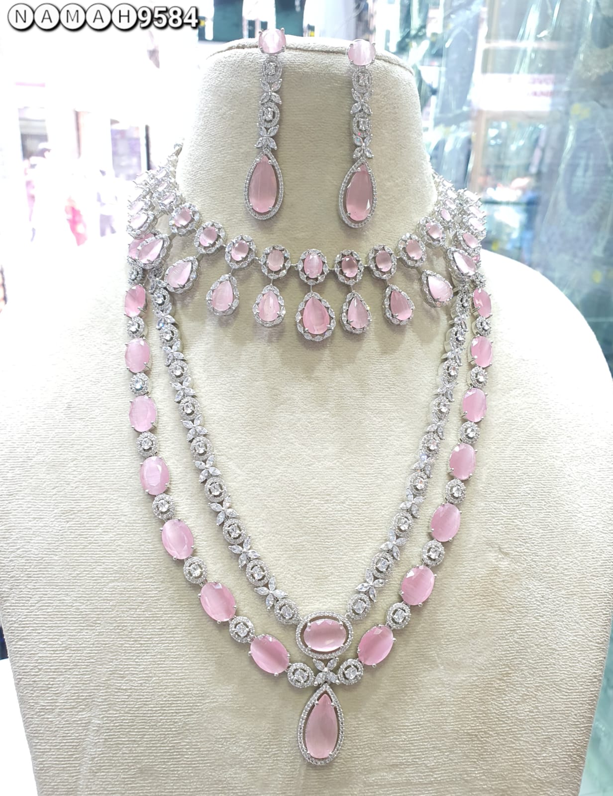 Pink American Diamond Necklace Set 