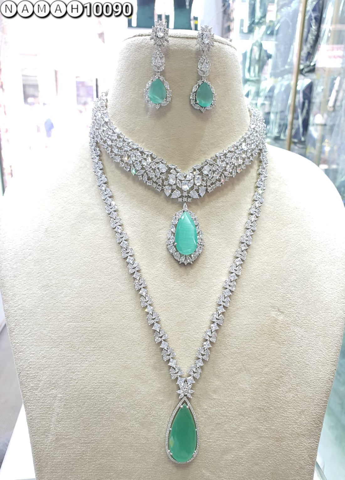 Mind Green American Diamond Necklace Set 