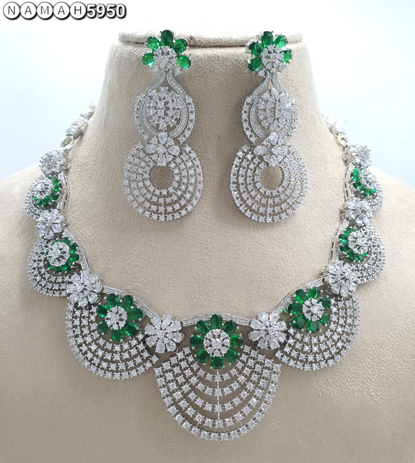 Green American Diamond Necklace Set 