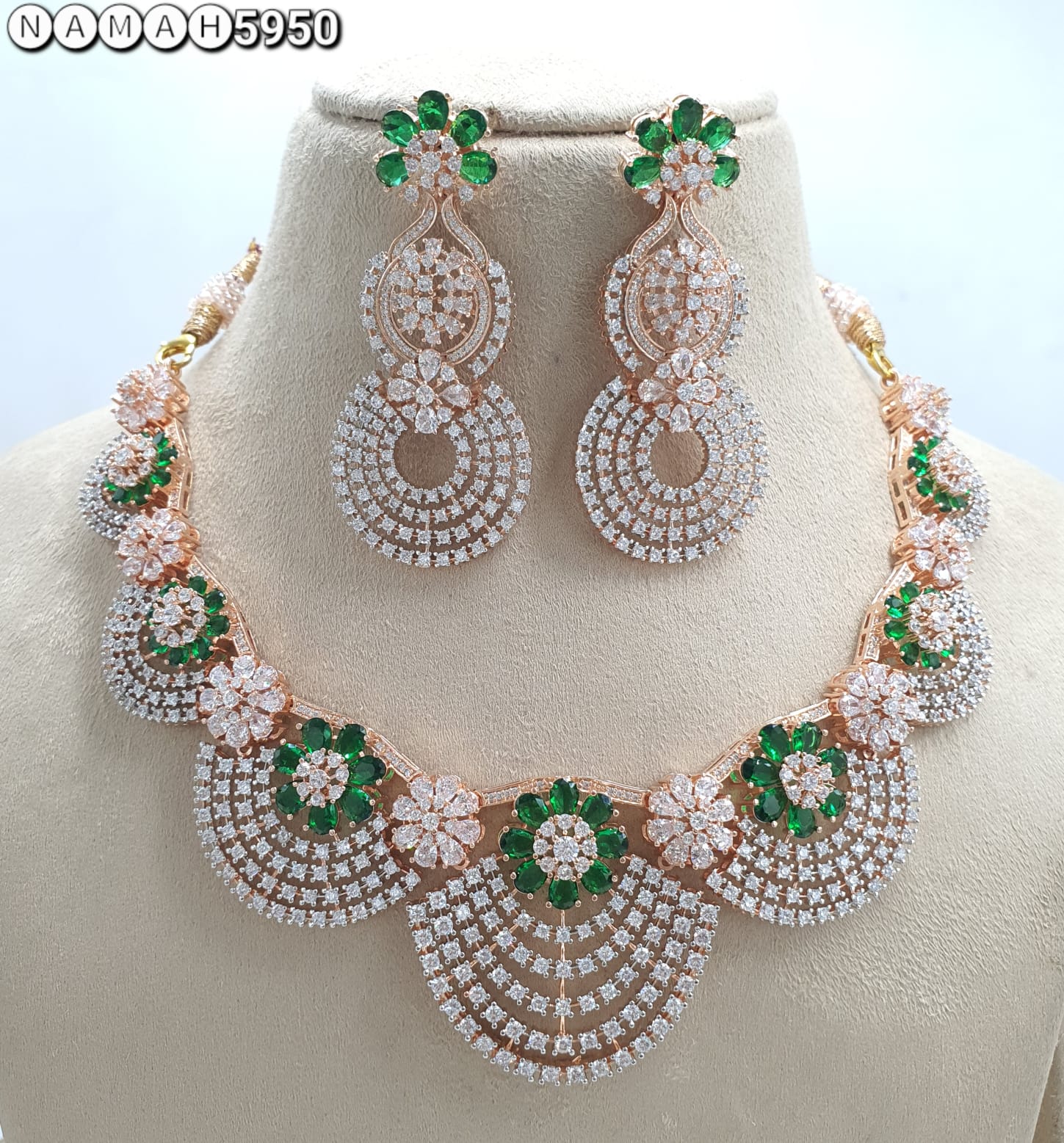 Green American Diamond Necklace Set 
