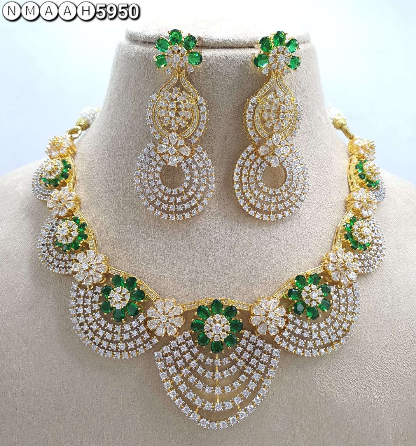 Green American Diamond Necklace Set 