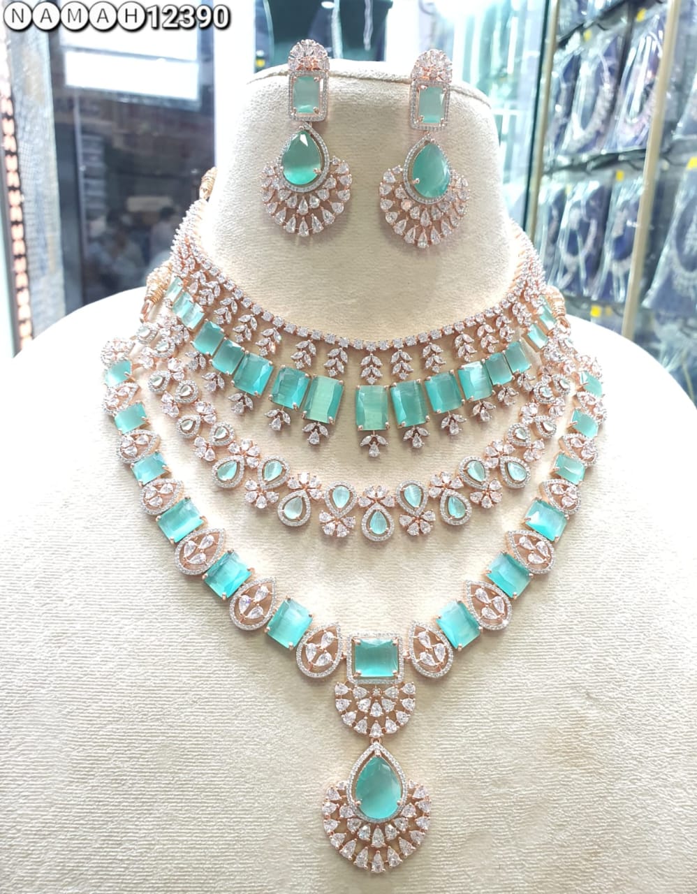 Mind Green American Diamond Necklace Set
