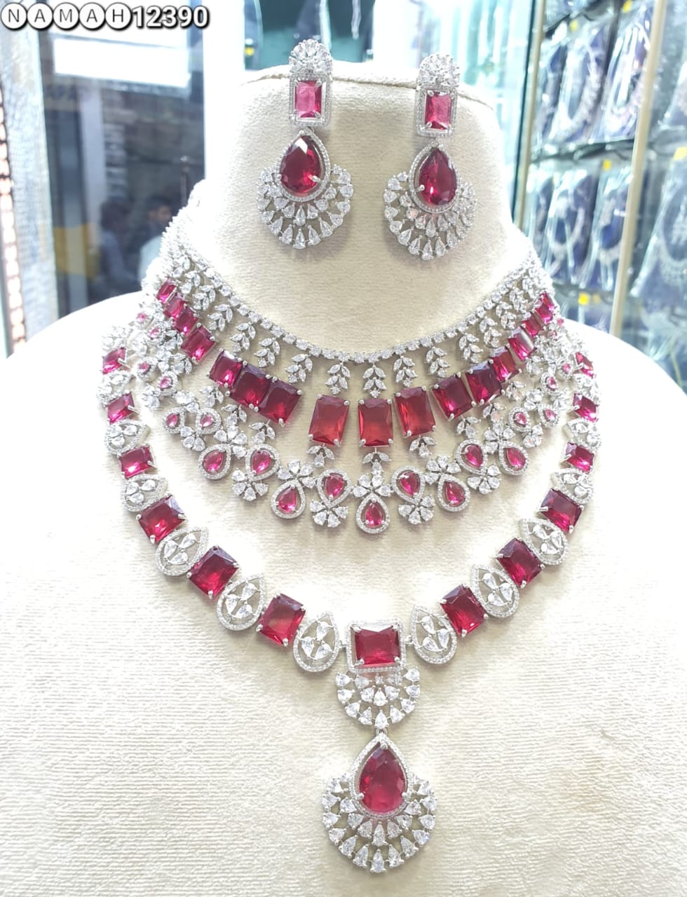 Red American Diamond Necklace Set 