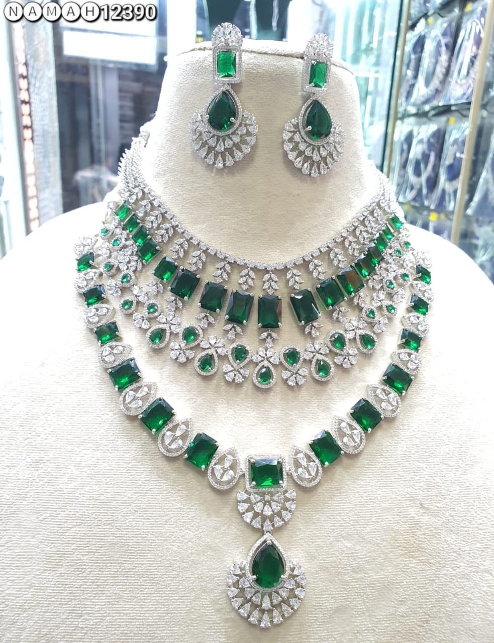 Green American Diamond Necklace Set 