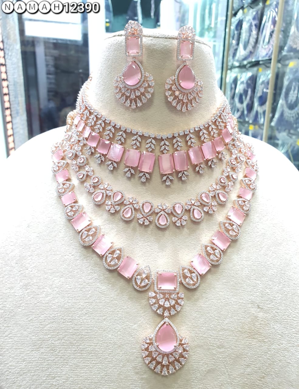 Pink American Diamond Necklace Set 