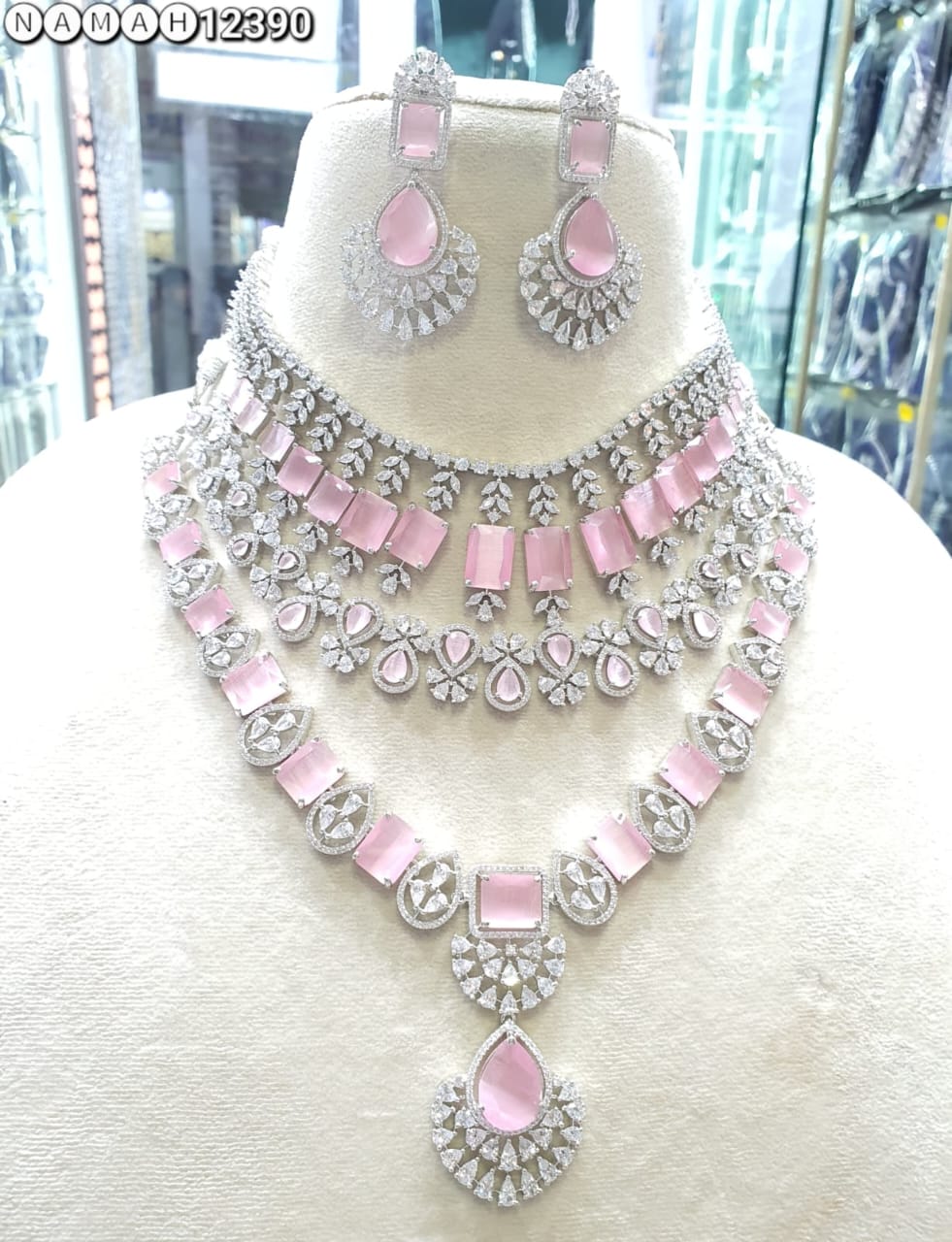 Pink American Diamond Necklace Set 