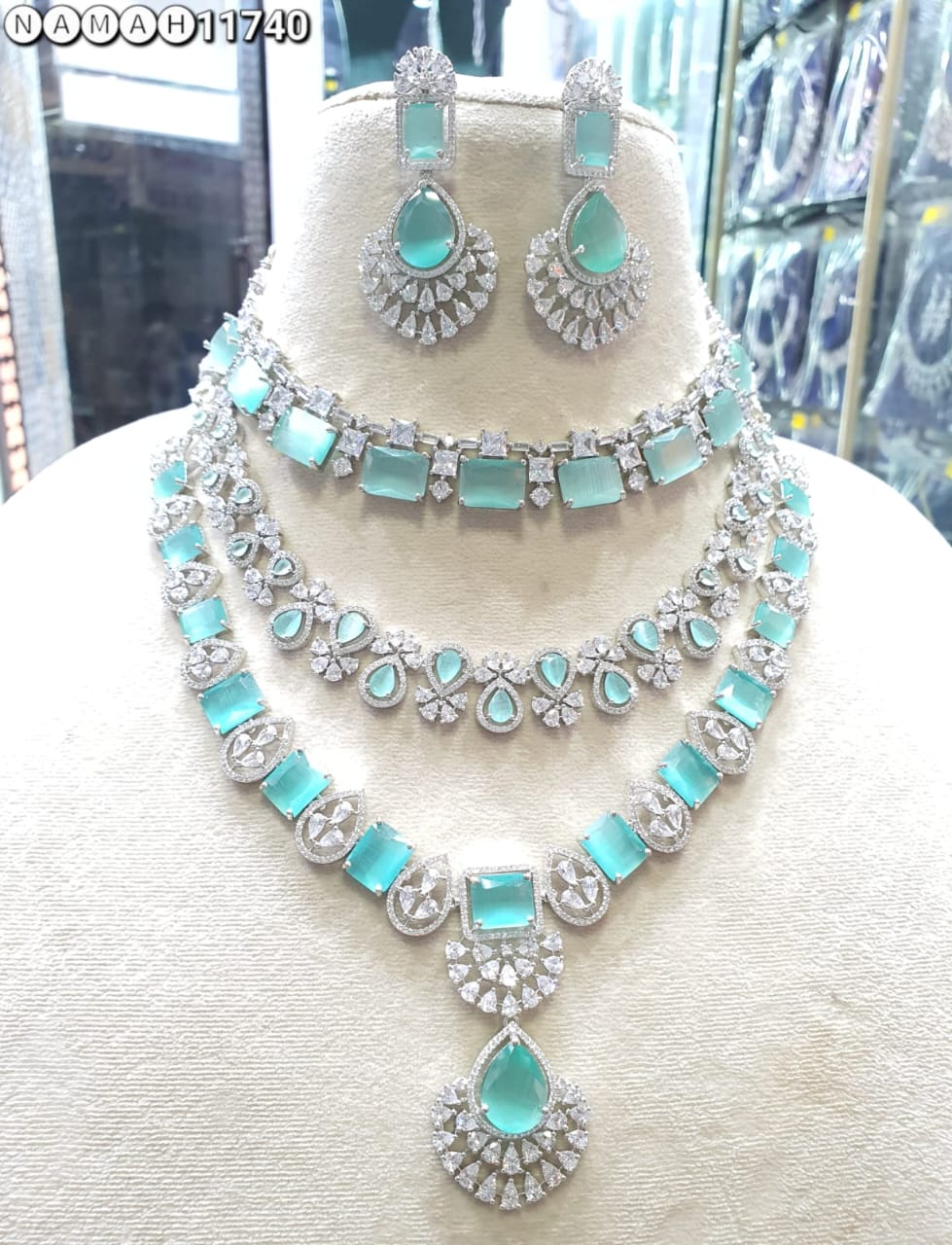 Mind Green American Diamond Necklace Set 