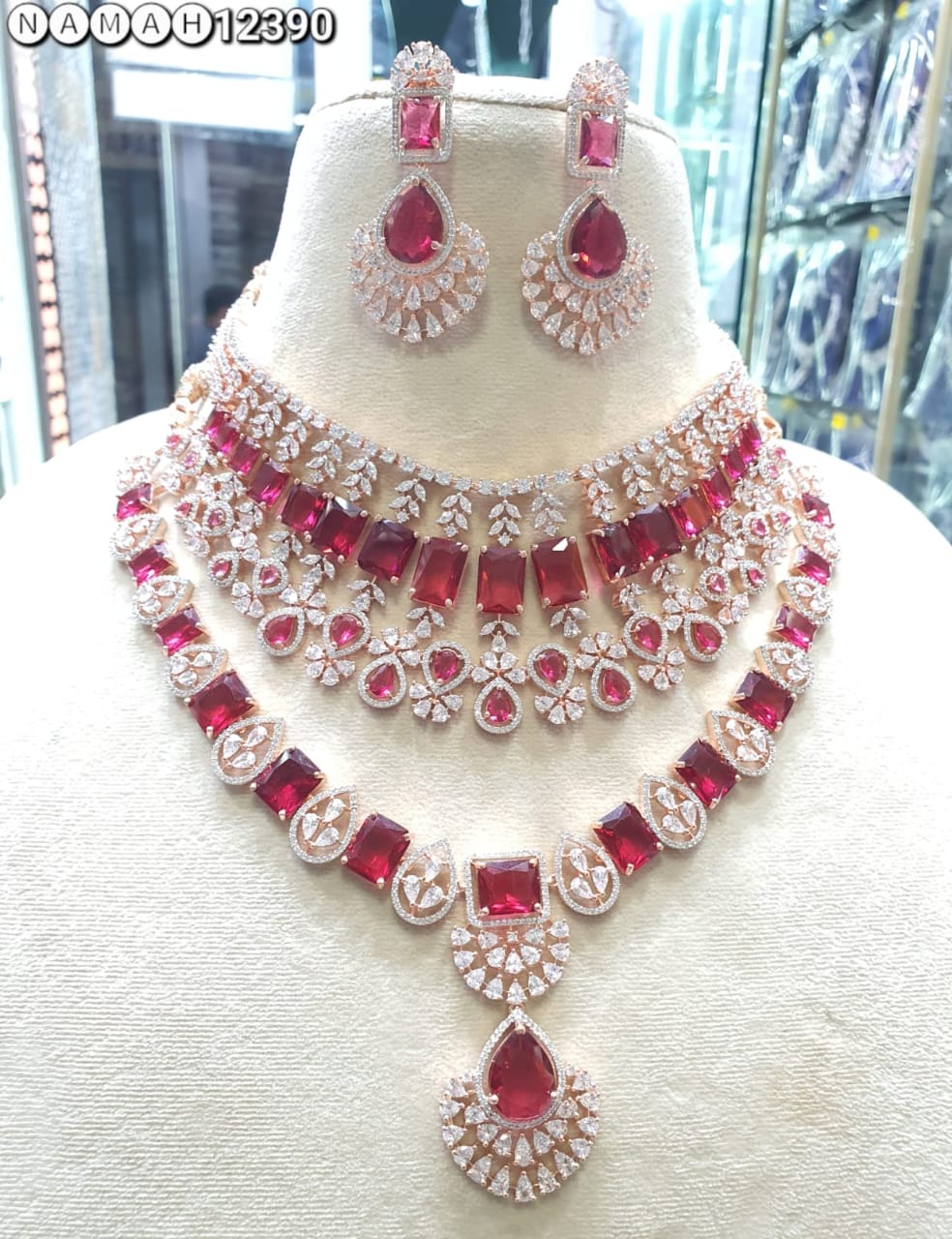 Red American Diamond Necklace Set 